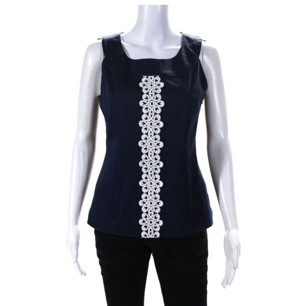 Lilly Pulitzer Womens Embroidered Sleeveless Blouse Navy Blue White Size 12